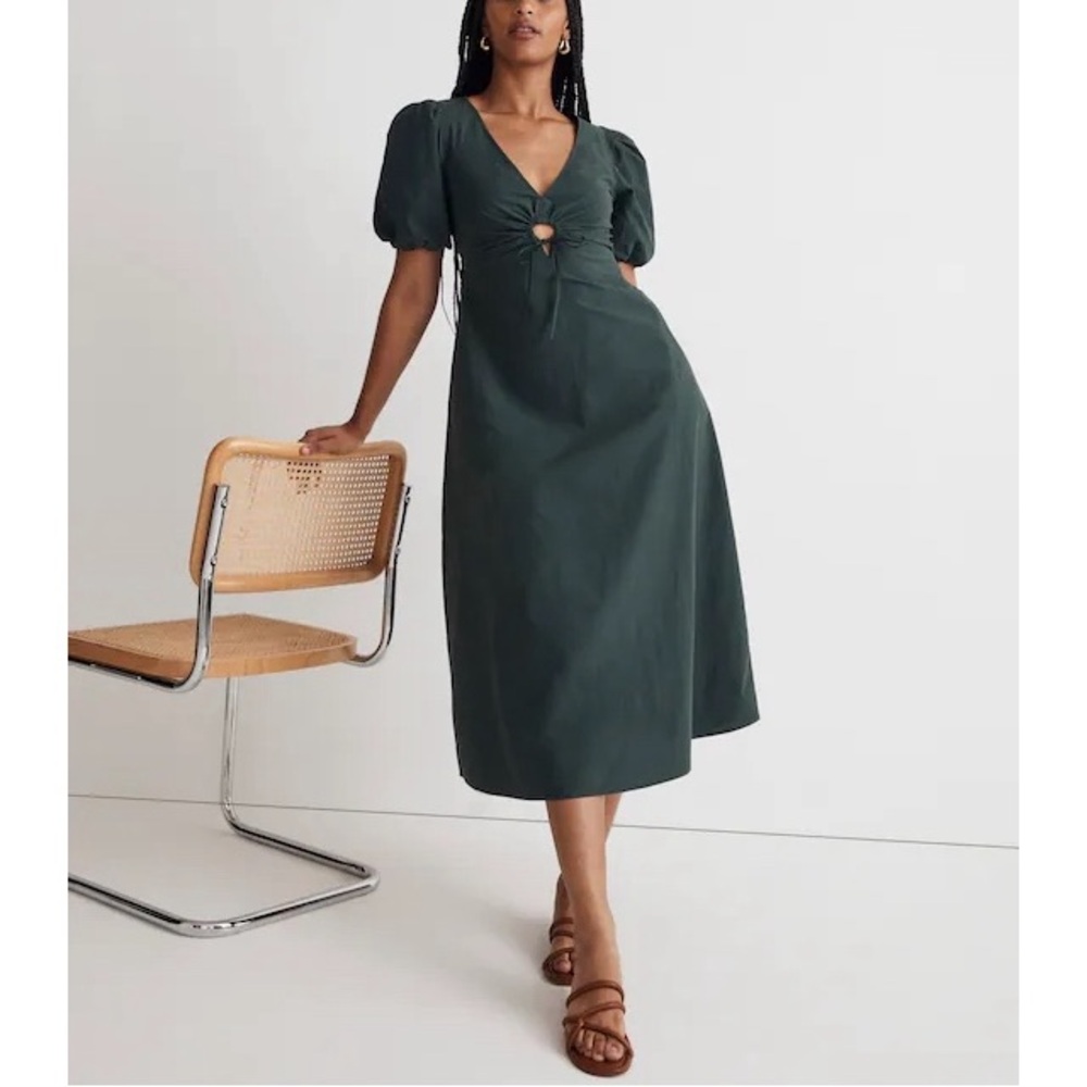Madewell Dark Forest Green Puff Sleeve Midi Dress with Front Ring